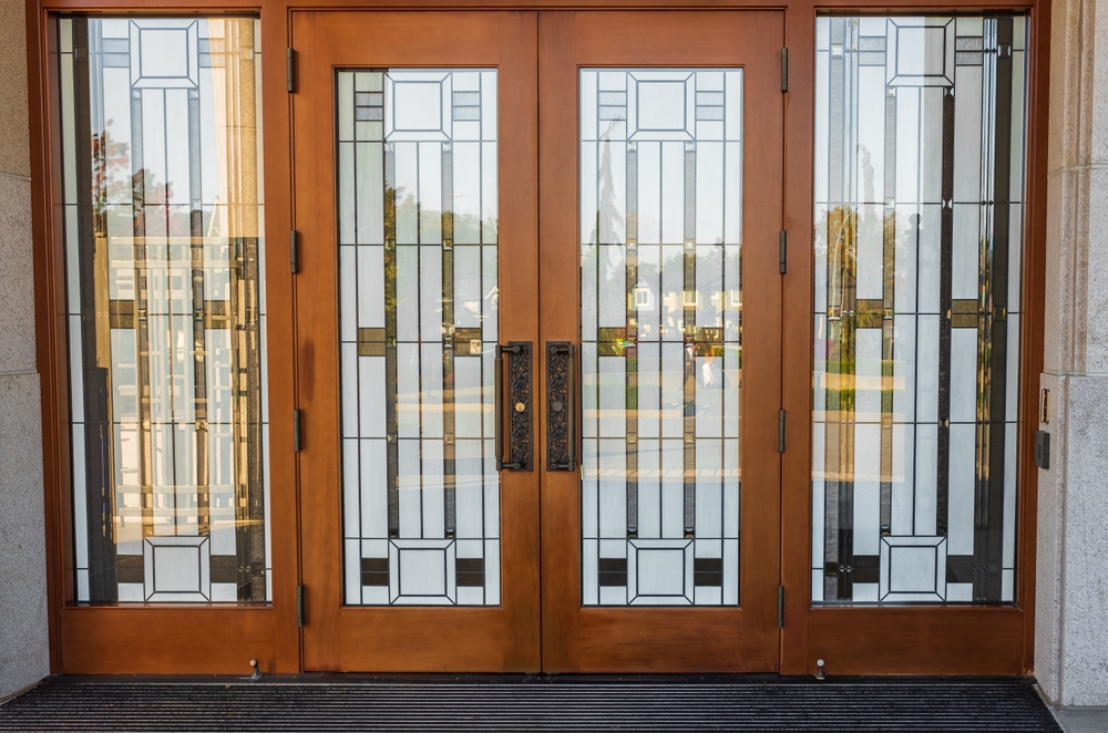 Stain,glass,door.,front,entrance,of,a,traditional,house,with