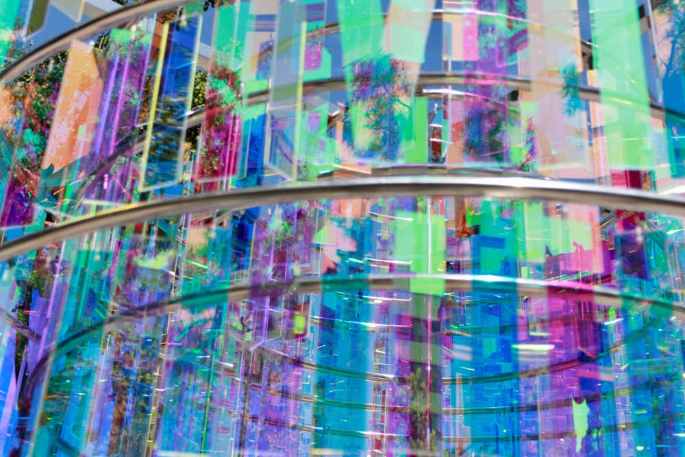 Colorful,glass,installation,with,light,reflections,,close Up,artistic,perspective